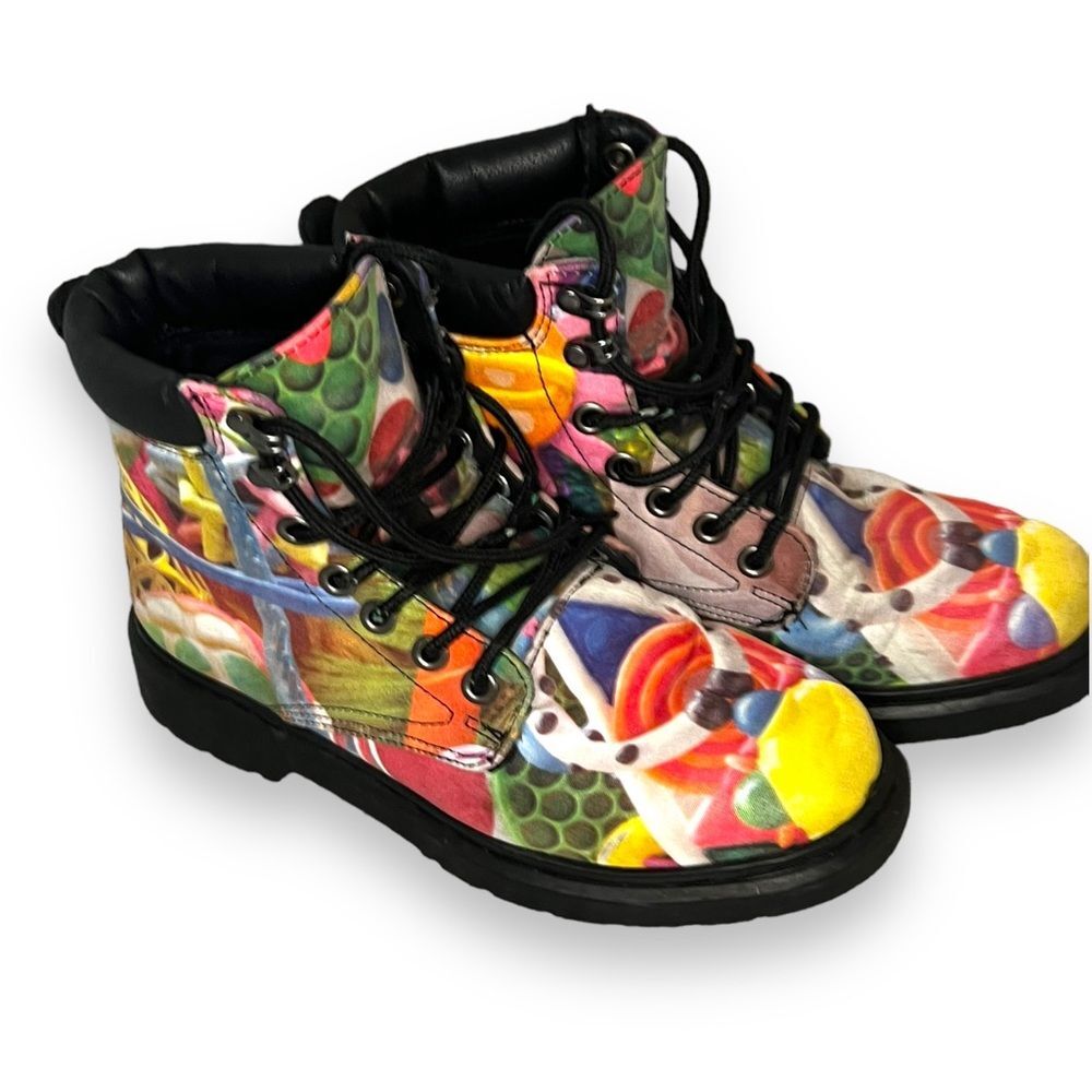 Abstract Funky Combat Boots Lace Up Mid Top Multicolor Vibrant  M 6.5/ W 8